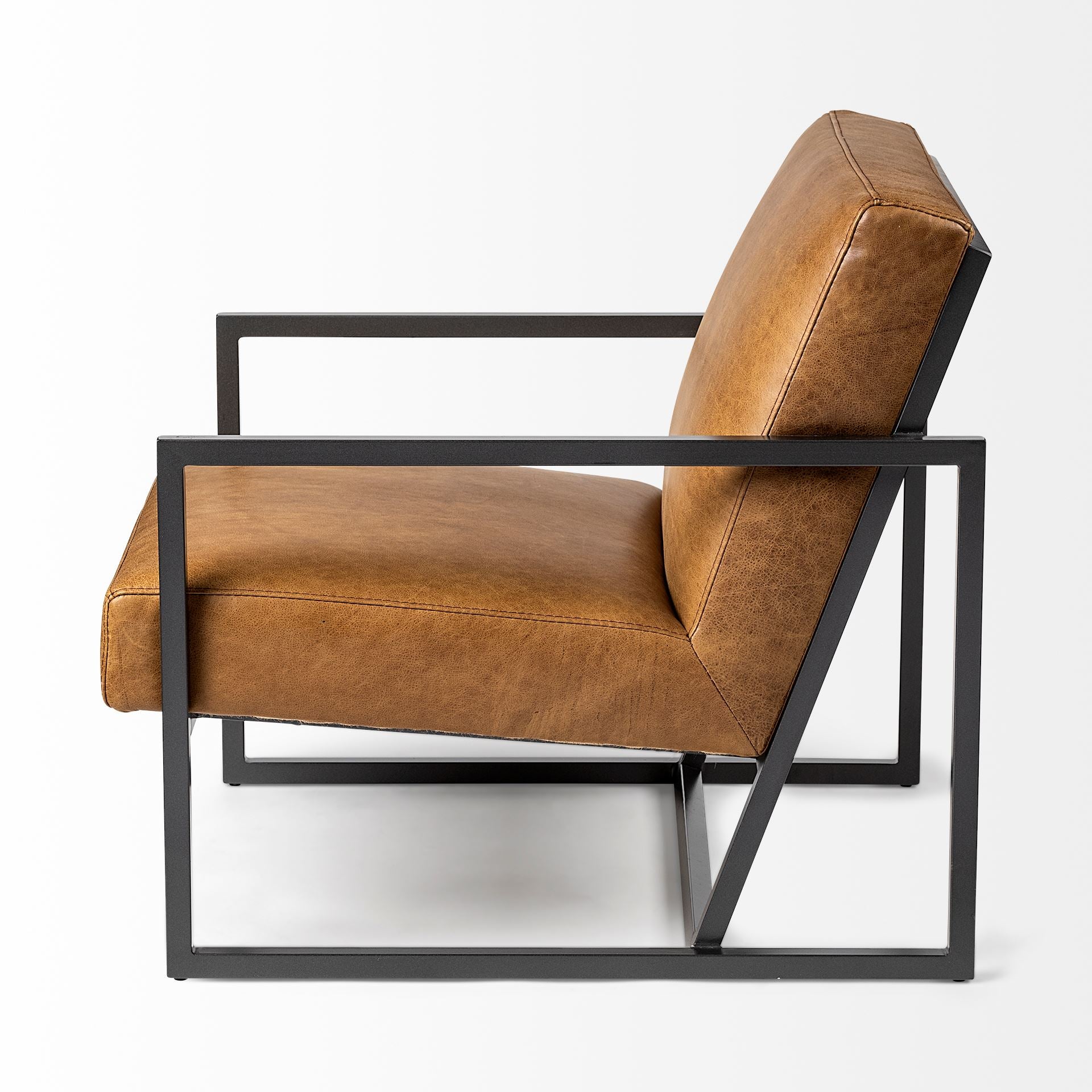 Light Brown Leather Seat Accent Chair with Grey Iron Frame