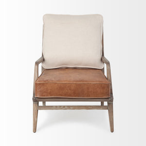 Brown Leather Seat Accent Chair with Off White Fabric
