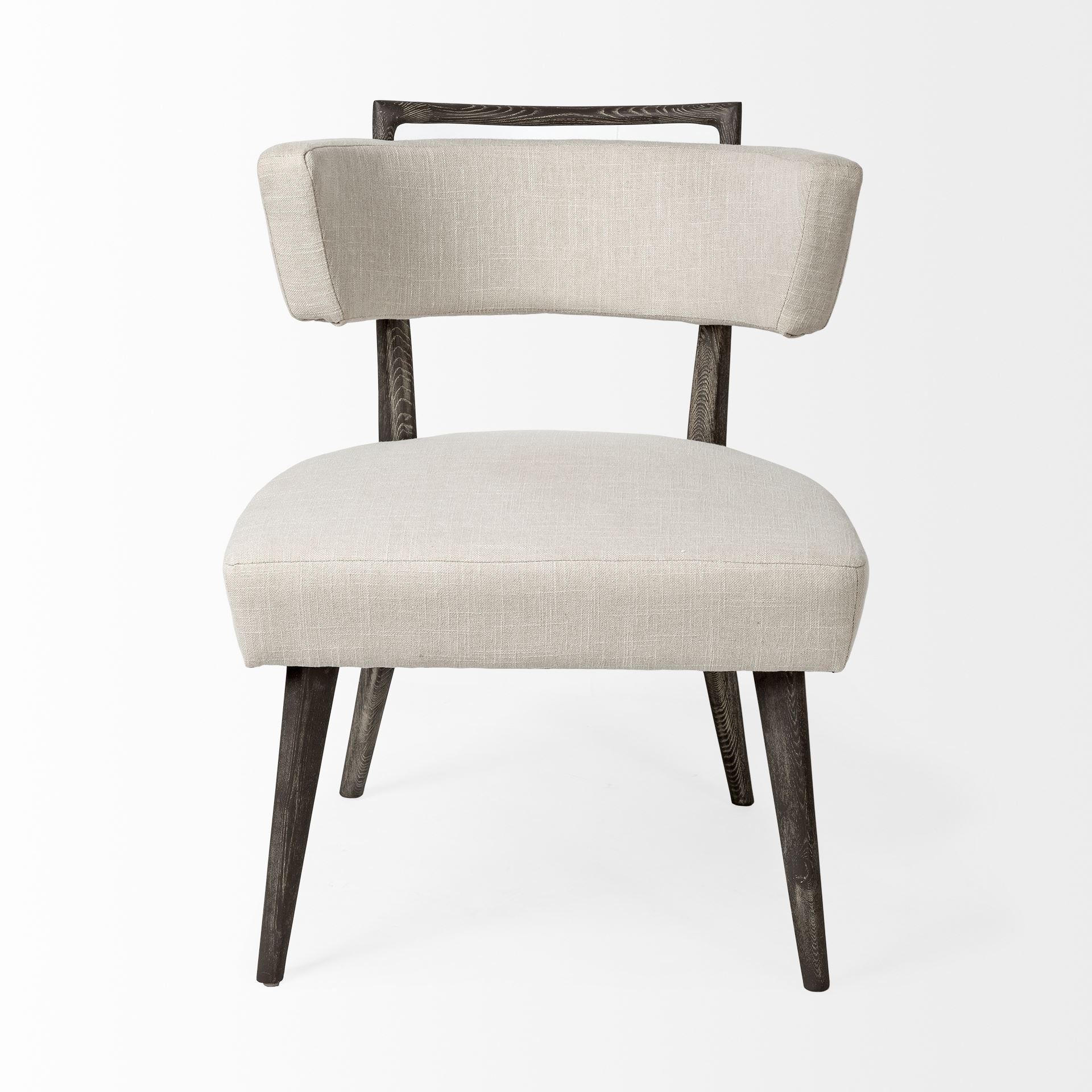 White Linen Covered Seat Accent Chair with Dark Brown Wooden Frame