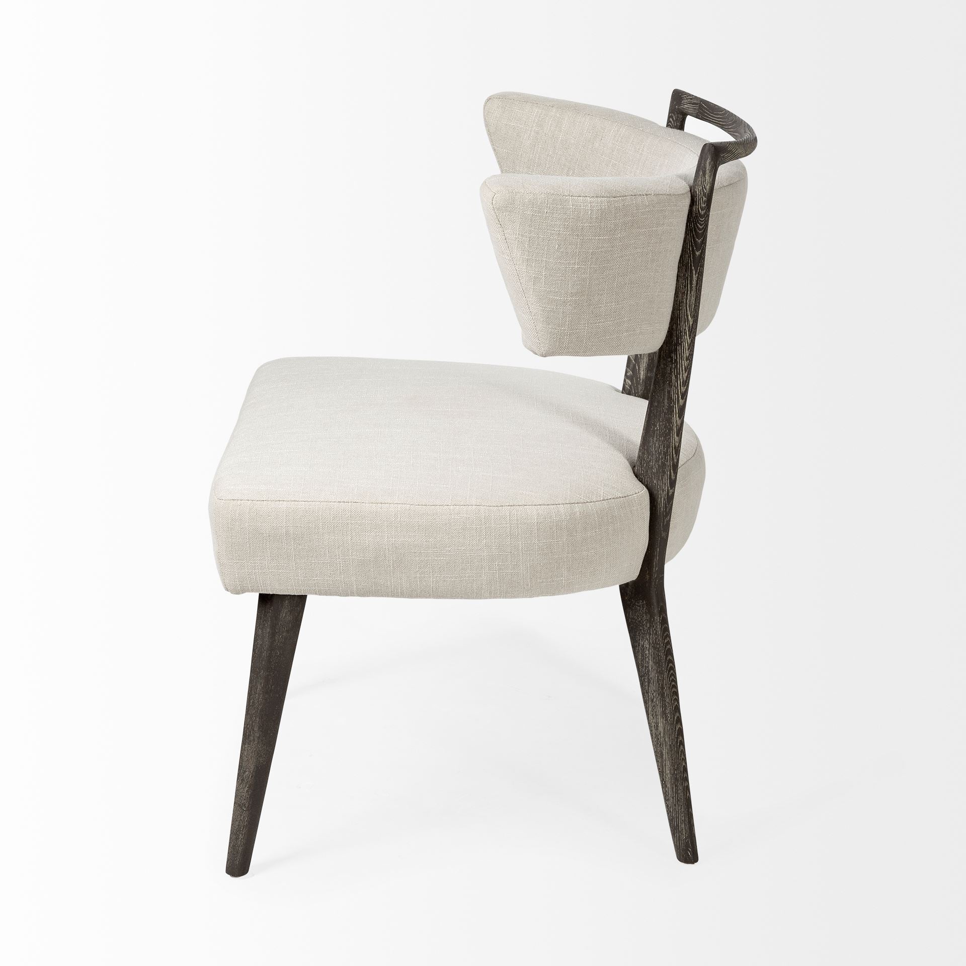 White Linen Covered Seat Accent Chair with Dark Brown Wooden Frame