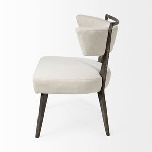 White Linen Covered Seat Accent Chair with Dark Brown Wooden Frame