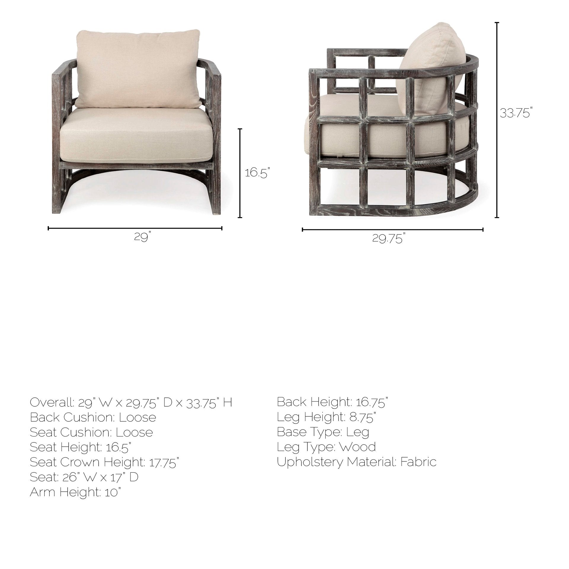 Cream Fabric Covered Cushioned Demi Lune Accent Chair with Wooden Frame