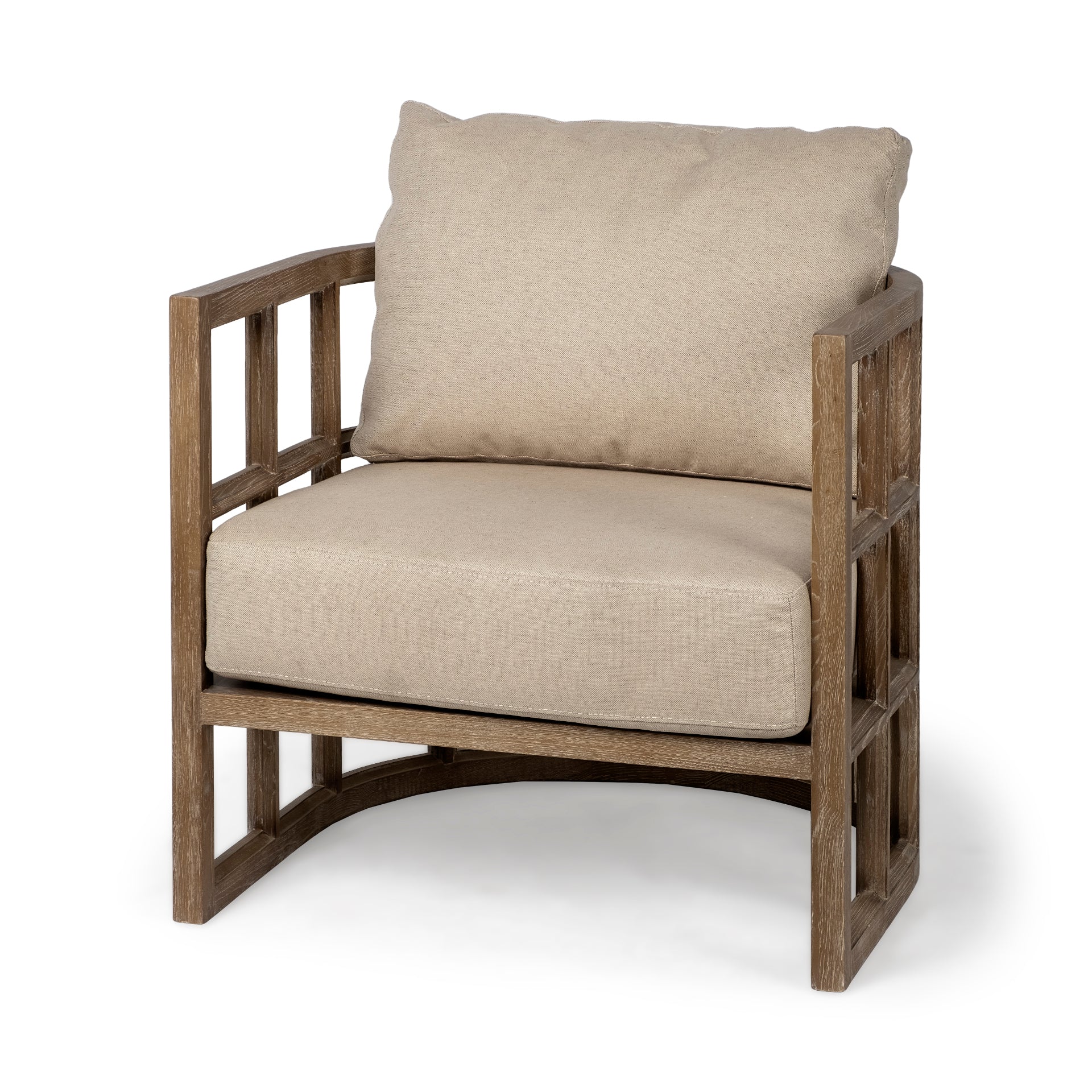 Tan Fabric Covered Cushioned Demi Lune Accent Chair with Wooden Frame