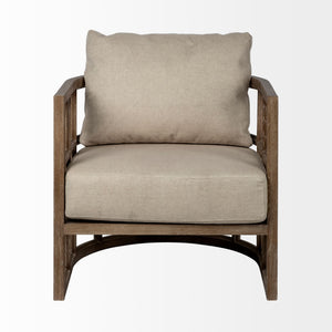 Tan Fabric Covered Cushioned Demi Lune Accent Chair with Wooden Frame