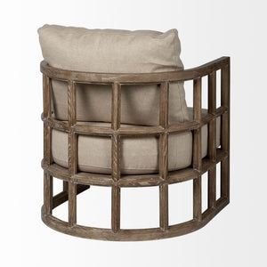 Tan Fabric Covered Cushioned Demi Lune Accent Chair with Wooden Frame