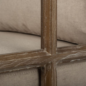 Tan Fabric Covered Cushioned Demi Lune Accent Chair with Wooden Frame