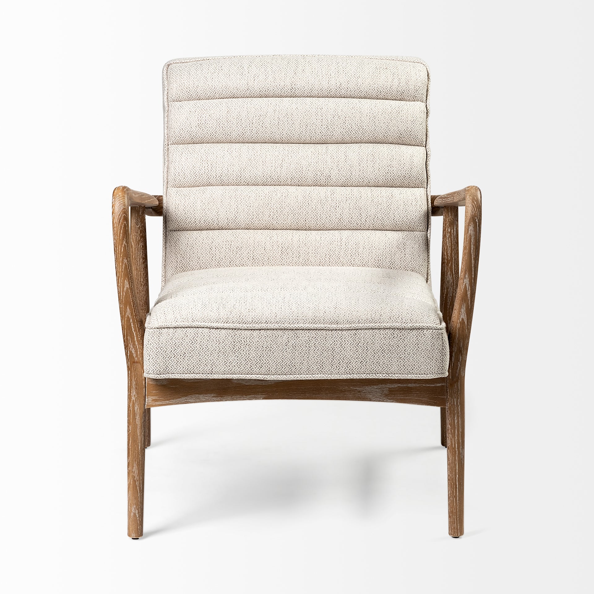 Cream Fabric Wrapped Medium Brown Accent Chair with Wooden Frame