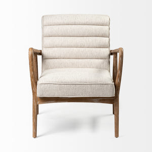 Cream Fabric Wrapped Medium Brown Accent Chair with Wooden Frame