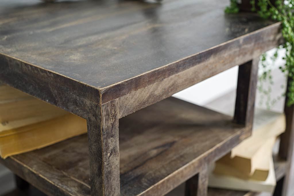 Medium Brown Wooden Square Top End Table with Multi-Shelf