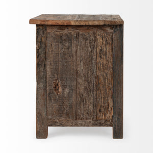 Medium Brown Wood Square Top End Table with Rustic Metal Drawers