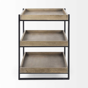 Medium Brown Wooden Square Top Side Table with Three-Tiered Black Iron Frame