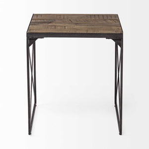 Medium Brown Wood Side Table with Square Top and Iron Cross Braced