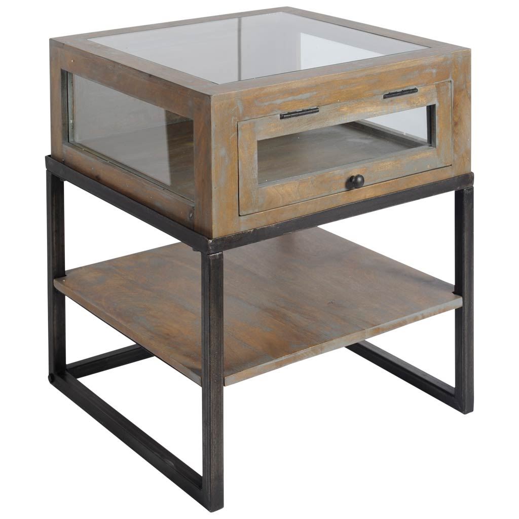 Brown Wooden Square Top Side Table with Wood and Glass Top Display
