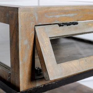 Brown Wooden Square Top Side Table with Wood and Glass Top Display