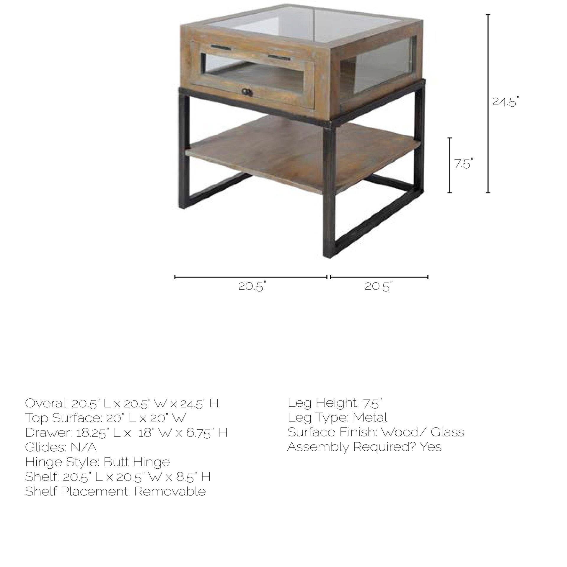Brown Wooden Square Top Side Table with Wood and Glass Top Display