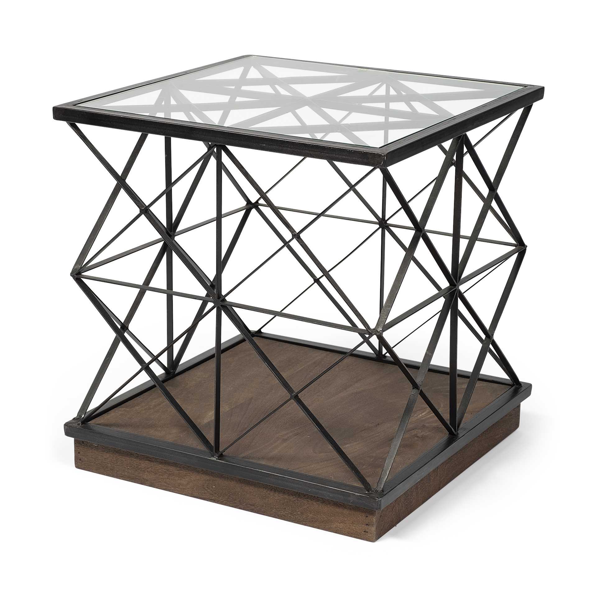 Square Glass Top Side Table with Brown Wood and Metal Trestle Frame