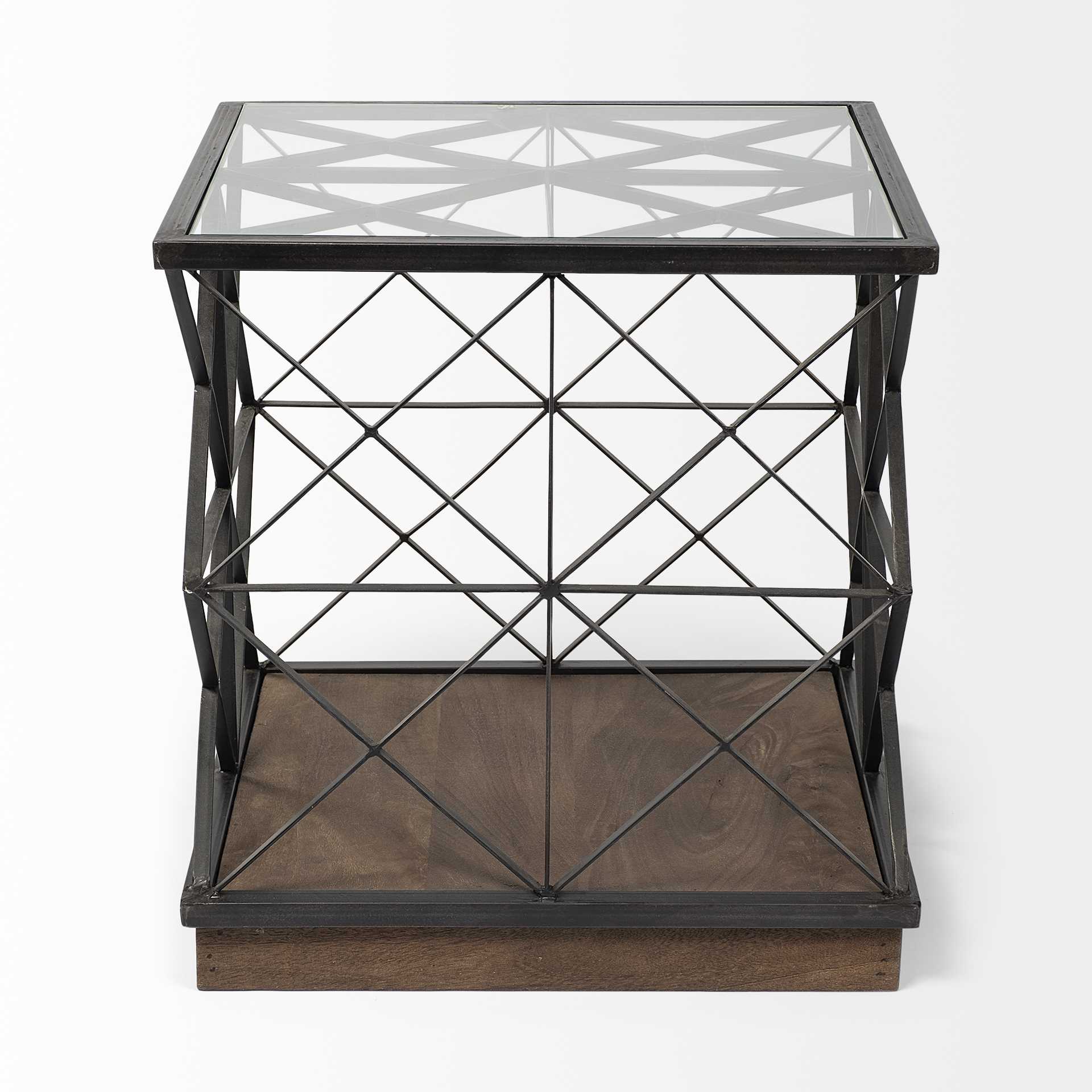 Square Glass Top Side Table with Brown Wood and Metal Trestle Frame