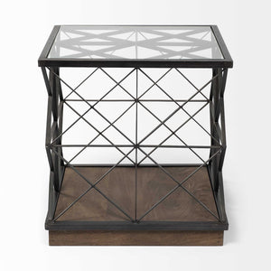 Square Glass Top Side Table with Brown Wood and Metal Trestle Frame