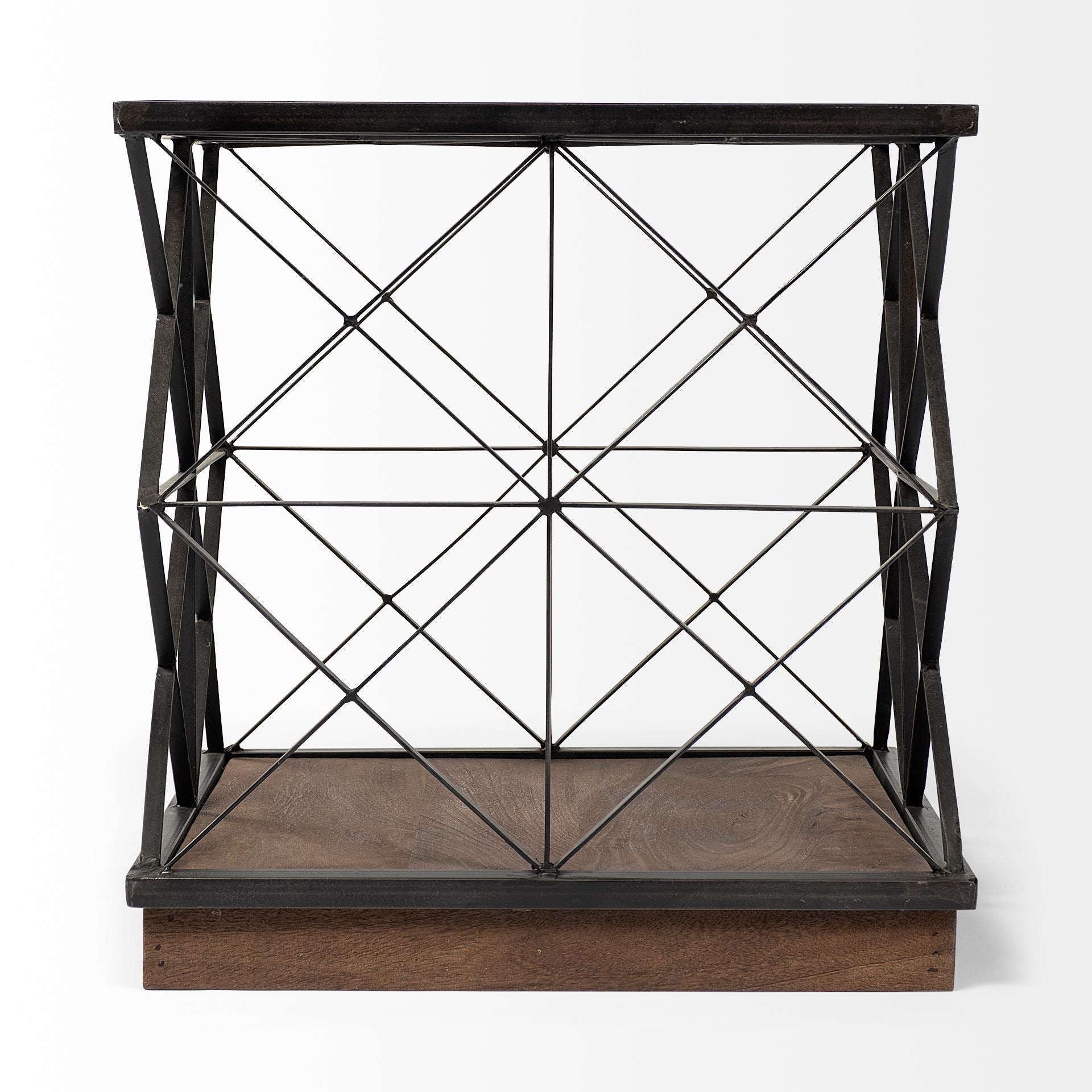 Square Glass Top Side Table with Brown Wood and Metal Trestle Frame