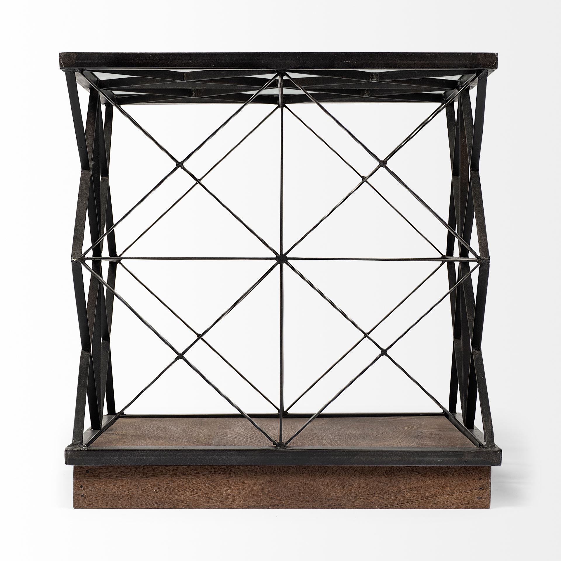 Square Glass Top Side Table with Brown Wood and Metal Trestle Frame