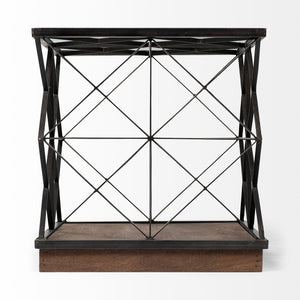 Square Glass Top Side Table with Brown Wood and Metal Trestle Frame