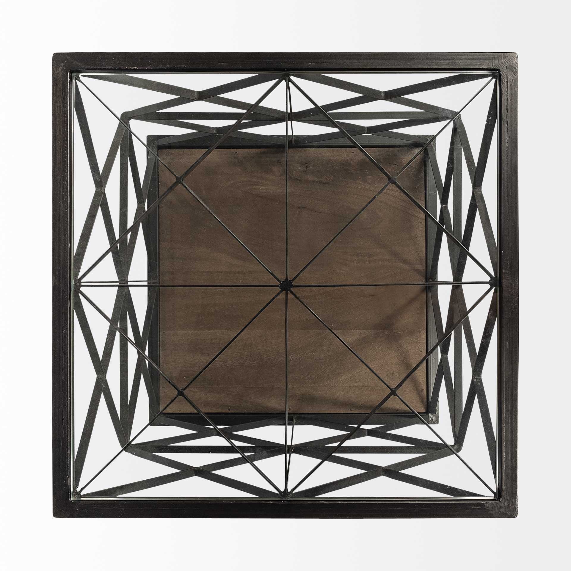 Square Glass Top Side Table with Brown Wood and Metal Trestle Frame