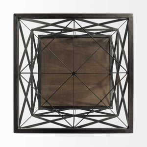 Square Glass Top Side Table with Brown Wood and Metal Trestle Frame