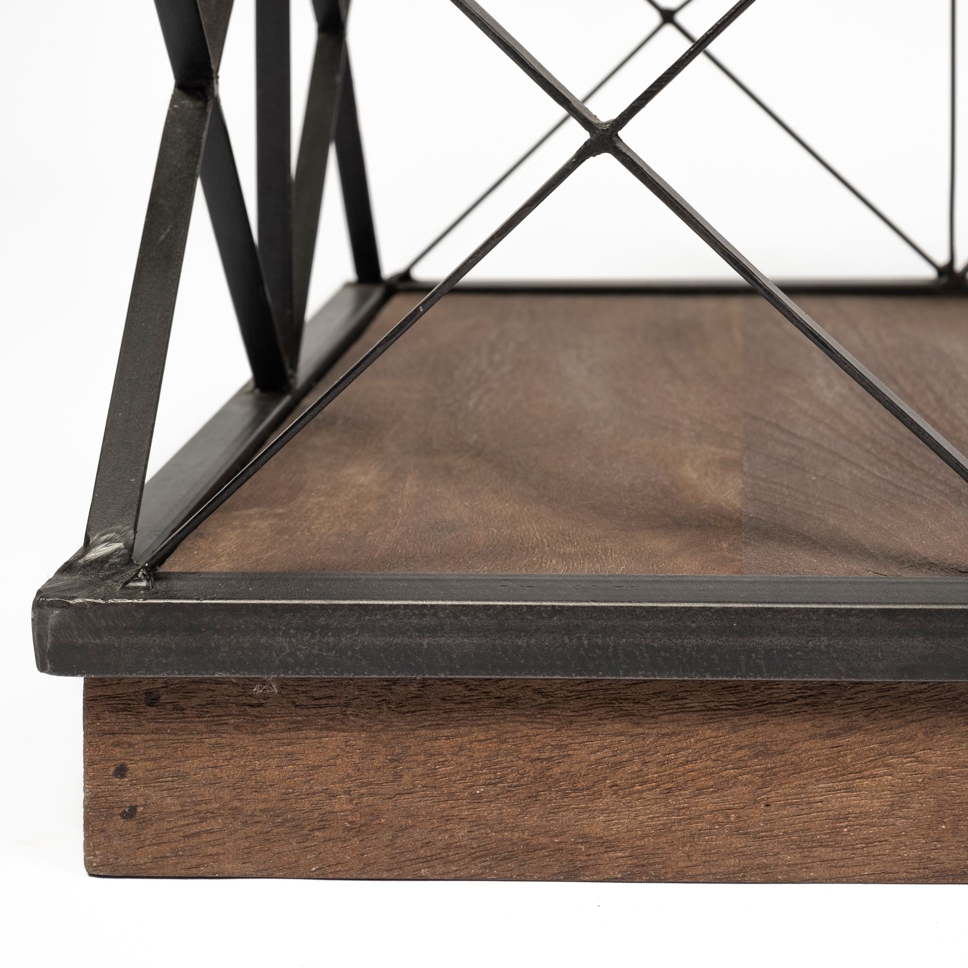 Square Glass Top Side Table with Brown Wood and Metal Trestle Frame