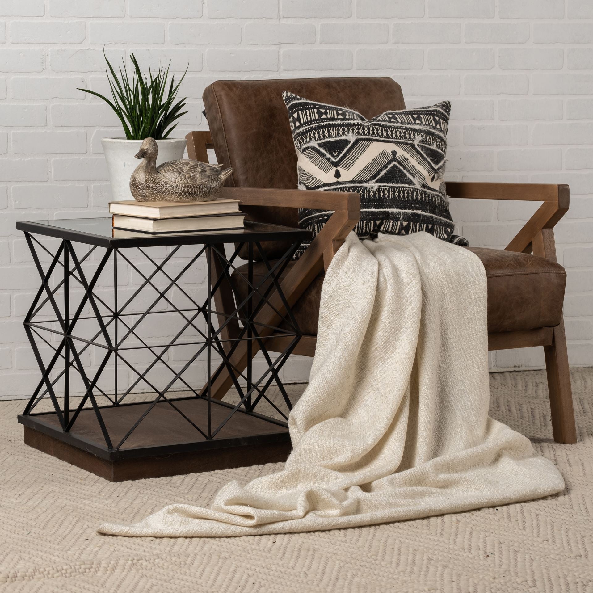 Square Glass Top Side Table with Brown Wood and Metal Trestle Frame