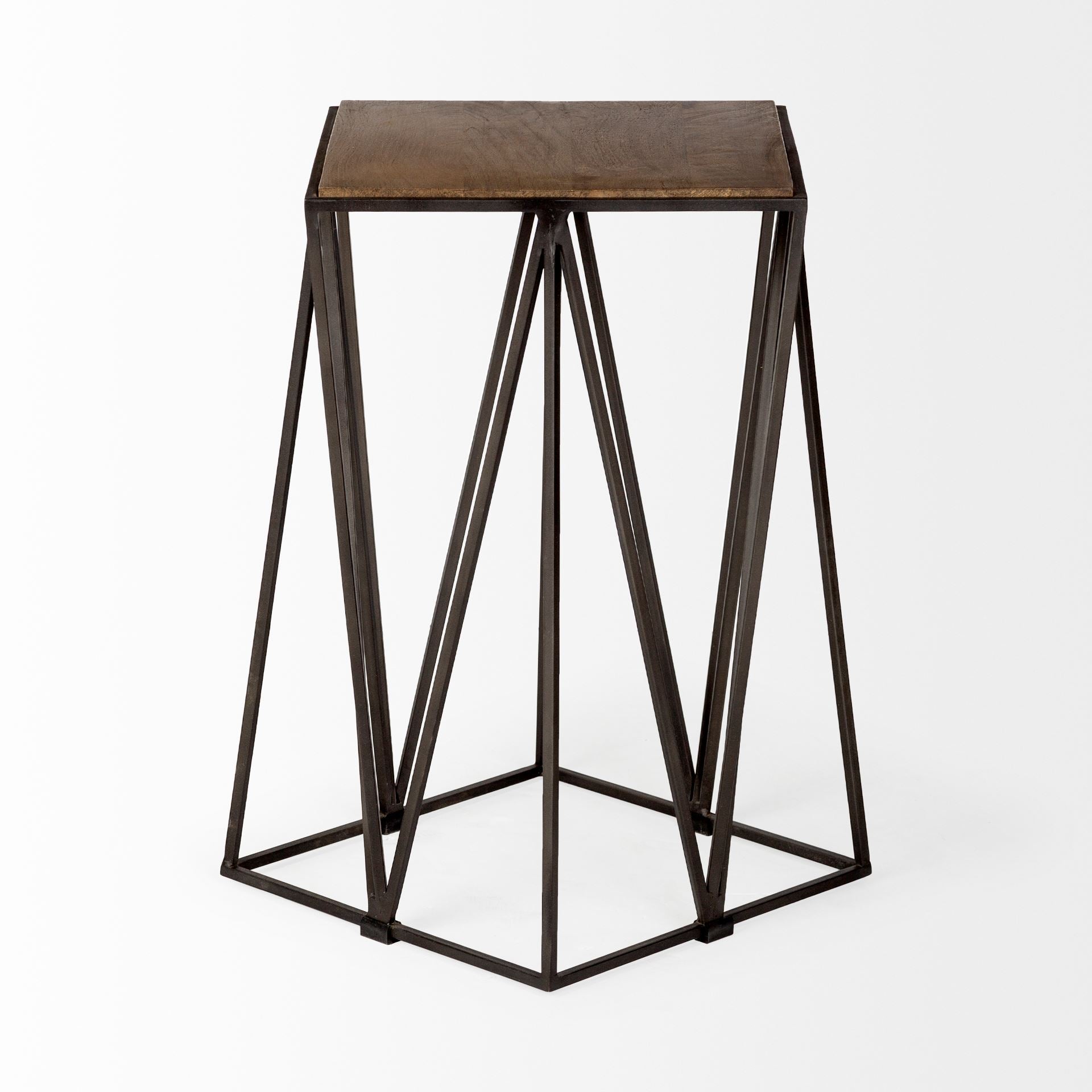 Walnut Wood Squre Top Side Table with Geometric Iron Frame