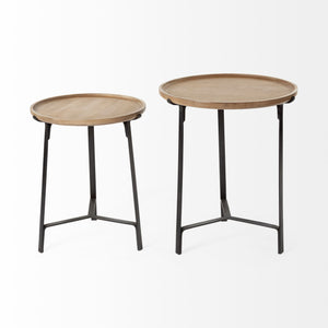 Set of 2 Round Brown Solid Wood Iron Base Nesting Side Tables