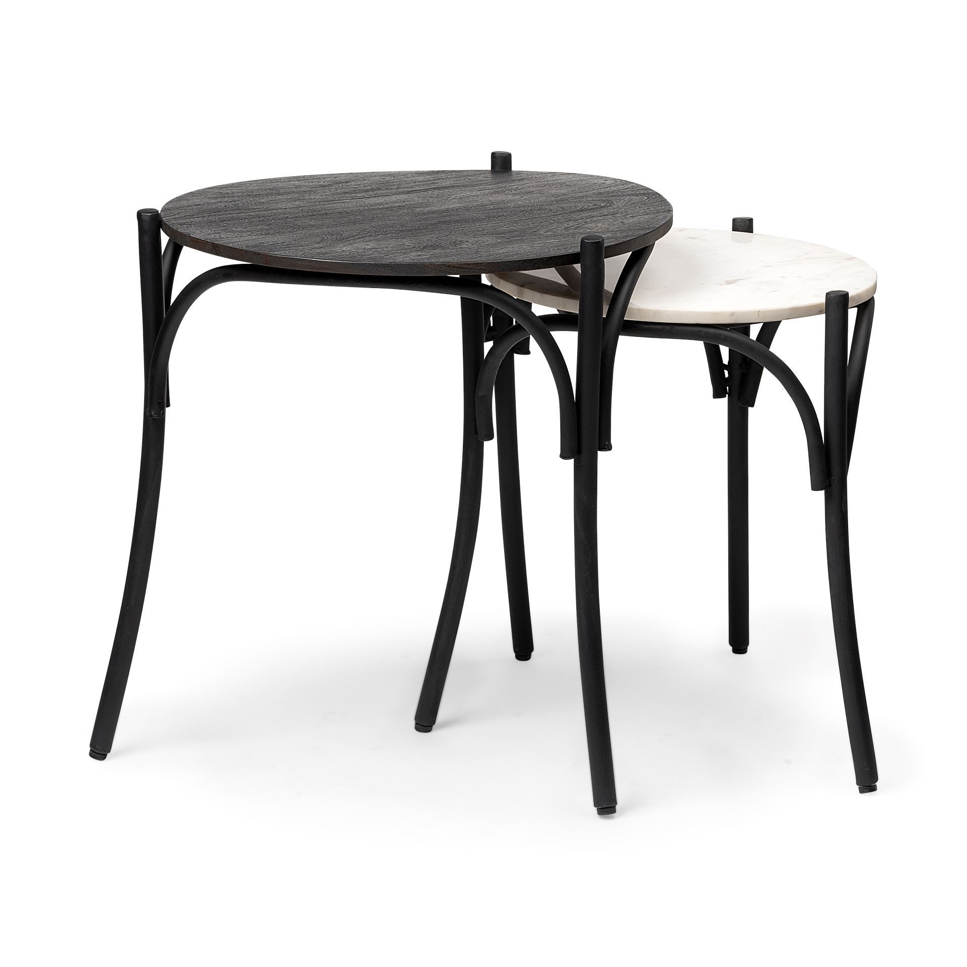 Set of 2 Round Top Nesting End Table with Black Wood and Marble Top