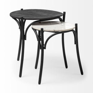 Set of 2 Round Top Nesting End Table with Black Wood and Marble Top