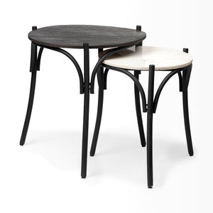 Set of 2 Round Top Nesting End Table with Black Wood and Marble Top
