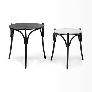 Set of 2 Round Top Nesting End Table with Black Wood and Marble Top
