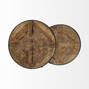 Set of 2 Brown Wooden Round Top Accent Tables with Black Metal Frame Nesting