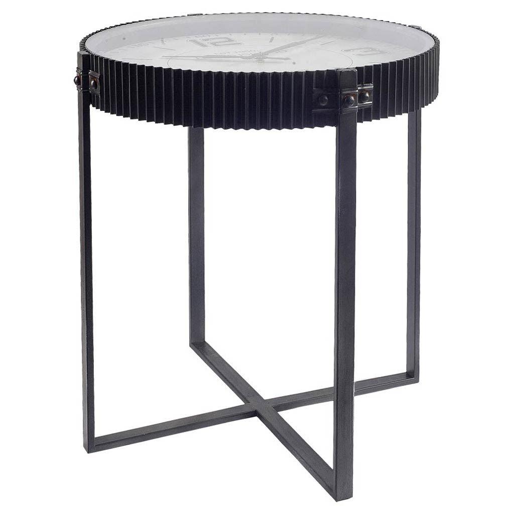 Round Glass Top Clock Face Accent Table with Black Metal Frame