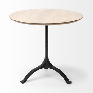 Light Brown Wood Round Top Accent Table with Black Iron Frame