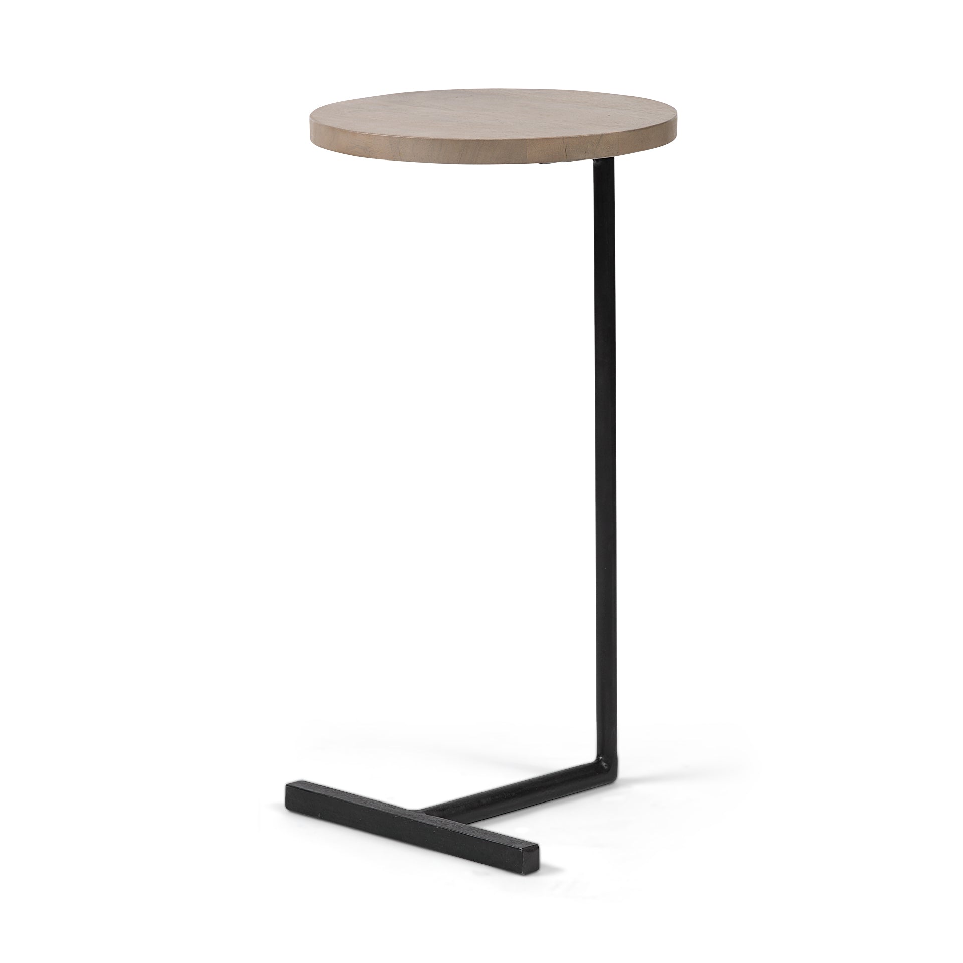 Brown Wood Round Top Accent Table with Black Iron Base
