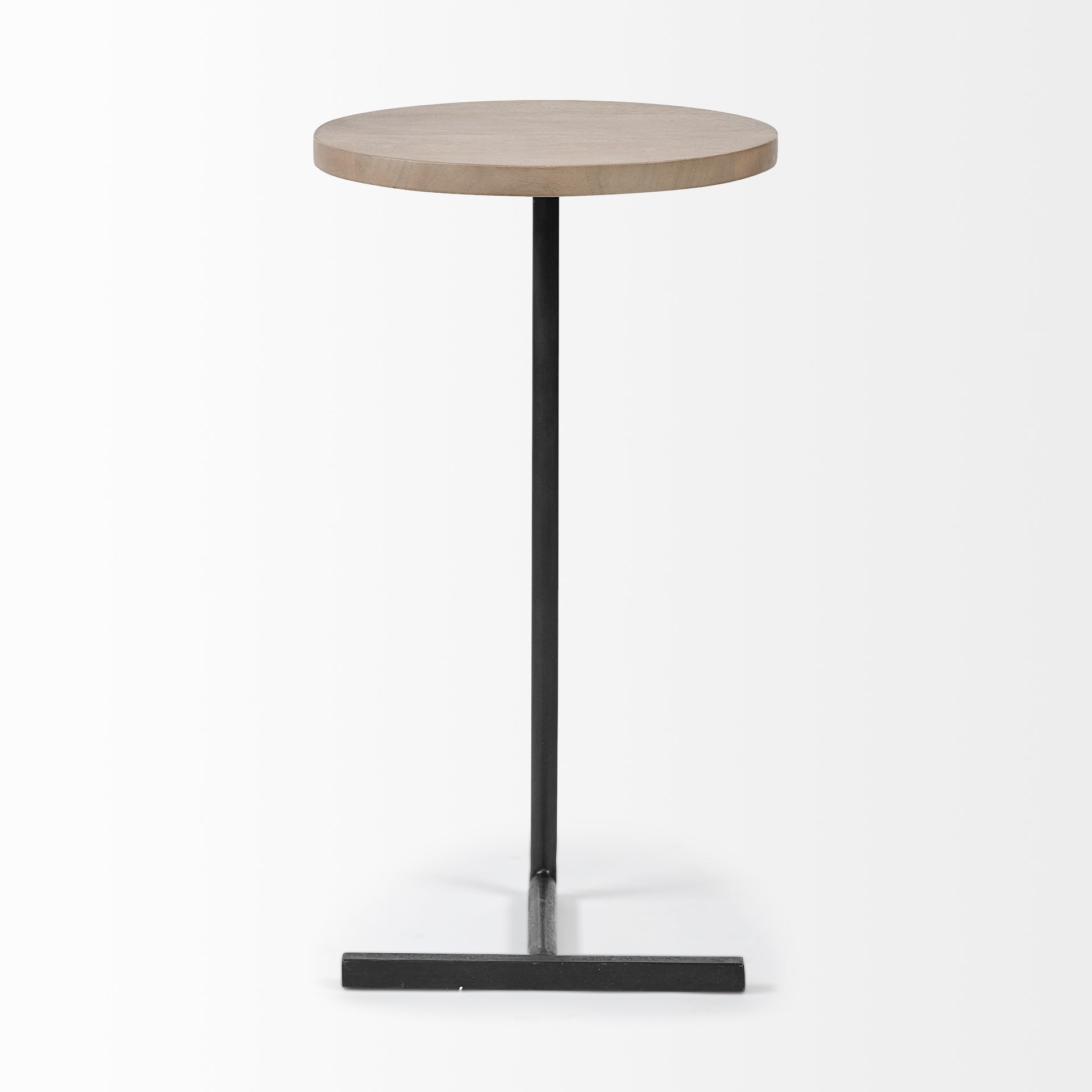 Brown Wood Round Top Accent Table with Black Iron Base