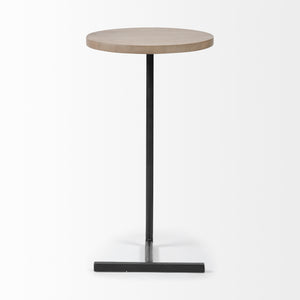 Brown Wood Round Top Accent Table with Black Iron Base