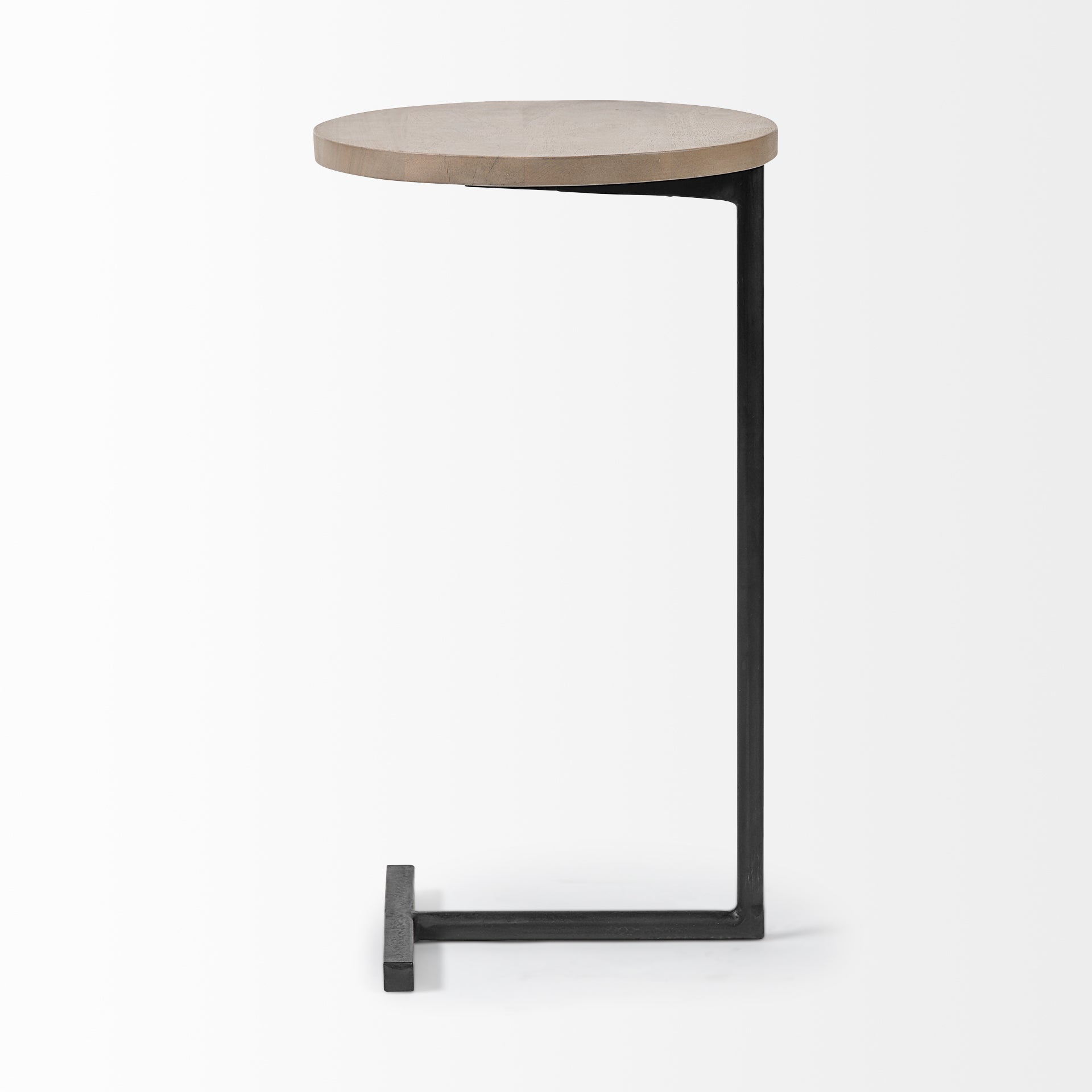Brown Wood Round Top Accent Table with Black Iron Base