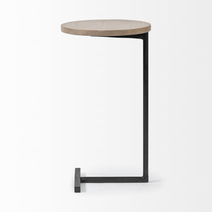 Brown Wood Round Top Accent Table with Black Iron Base