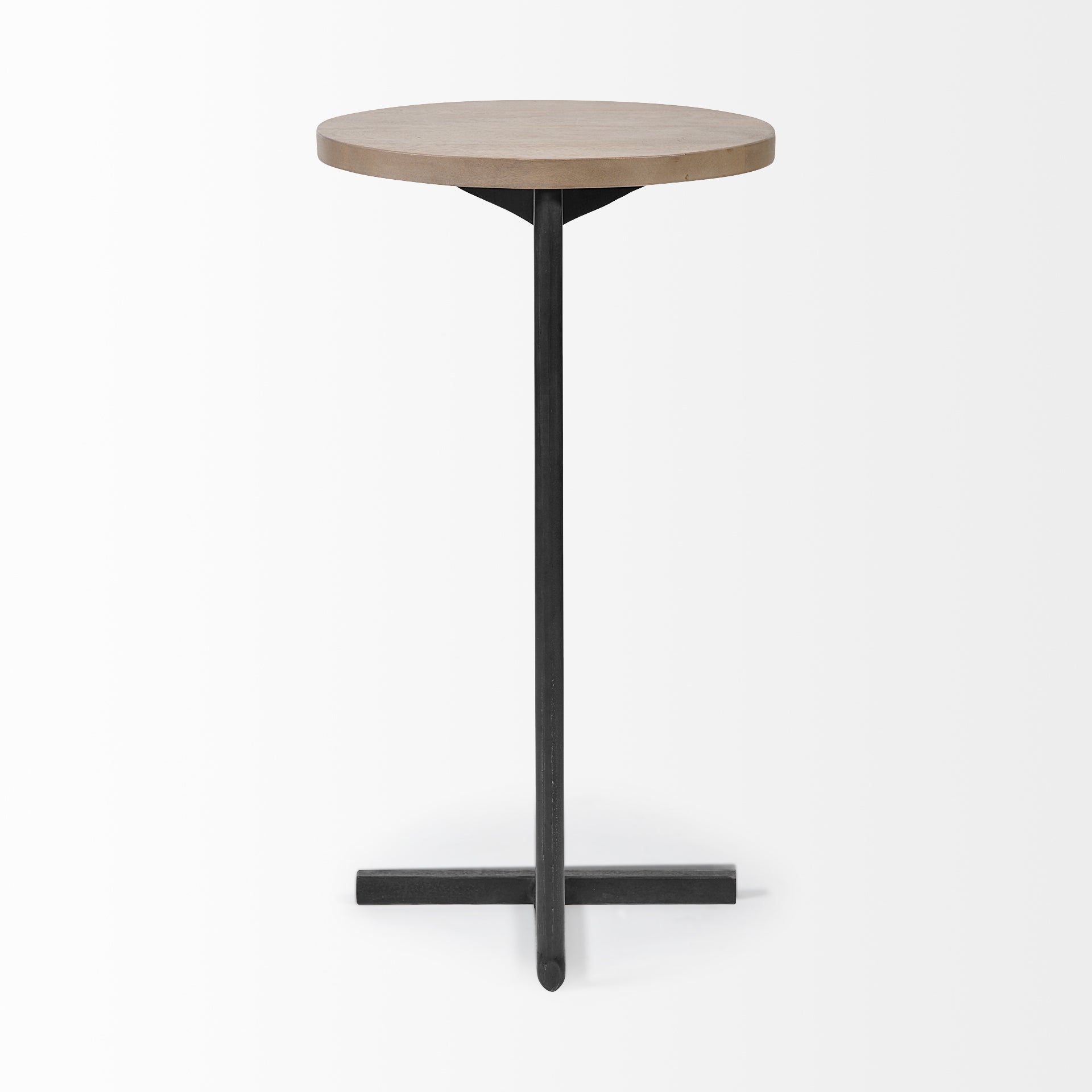 Brown Wood Round Top Accent Table with Black Iron Base