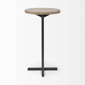 Brown Wood Round Top Accent Table with Black Iron Base