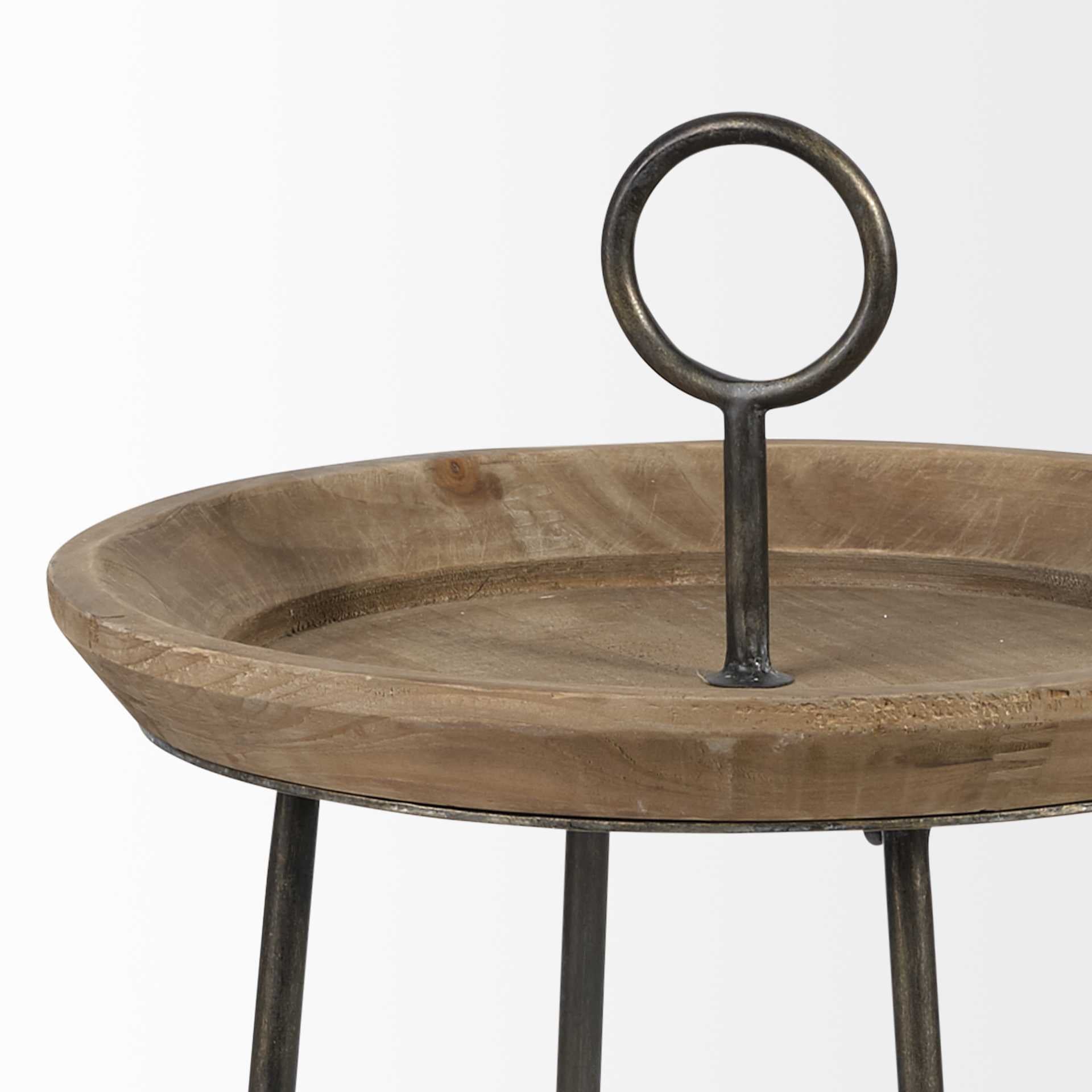 Brown Wood Round Top Accent Table with Black Iron Frame