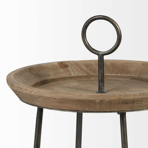 Brown Wood Round Top Accent Table with Black Iron Frame