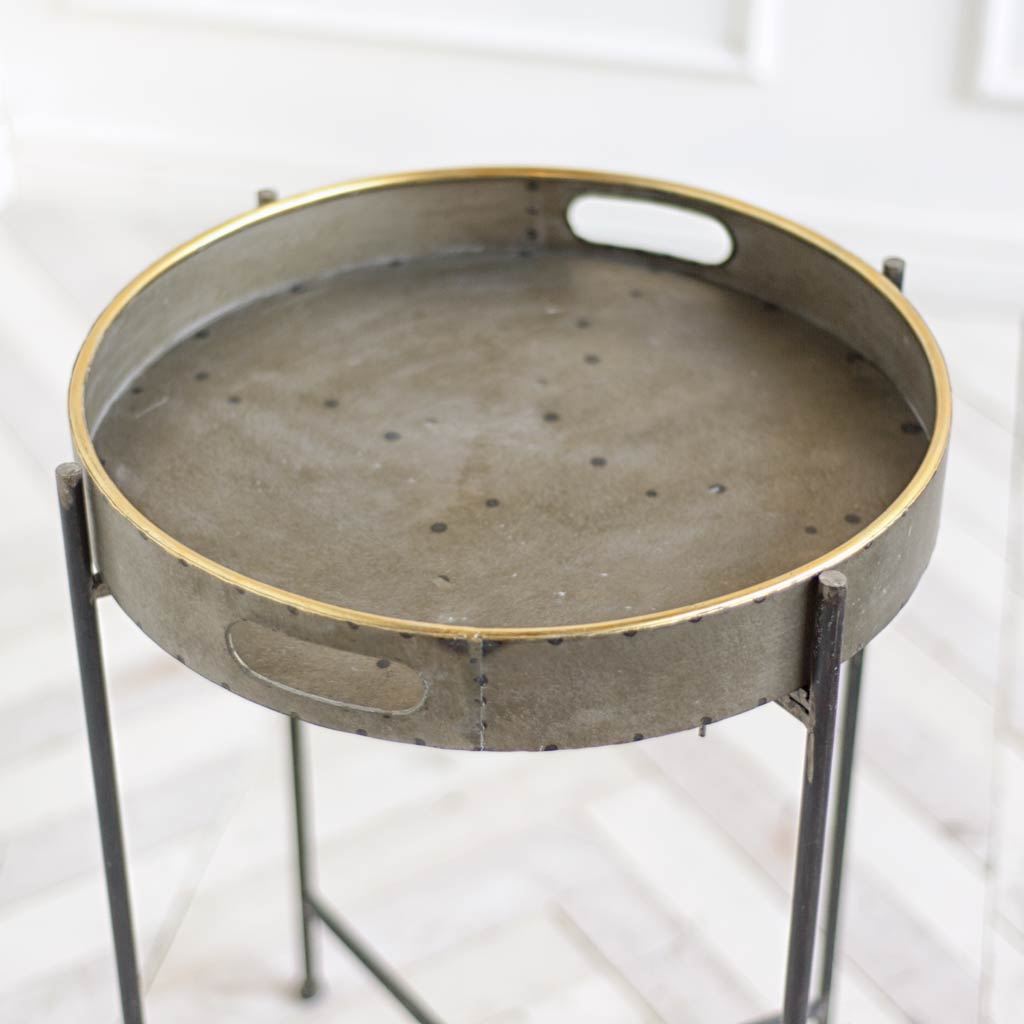 Round Rusty Brown Tray Top Accent Table with Black Iron Frame