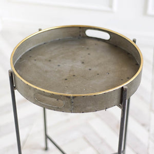 Round Rusty Brown Tray Top Accent Table with Black Iron Frame