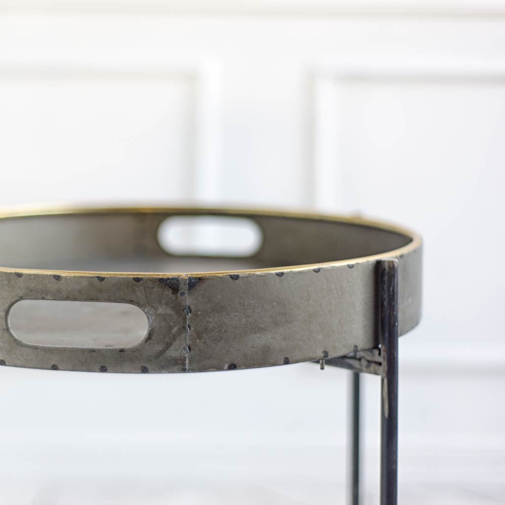 Round Rusty Brown Tray Top Accent Table with Black Iron Frame